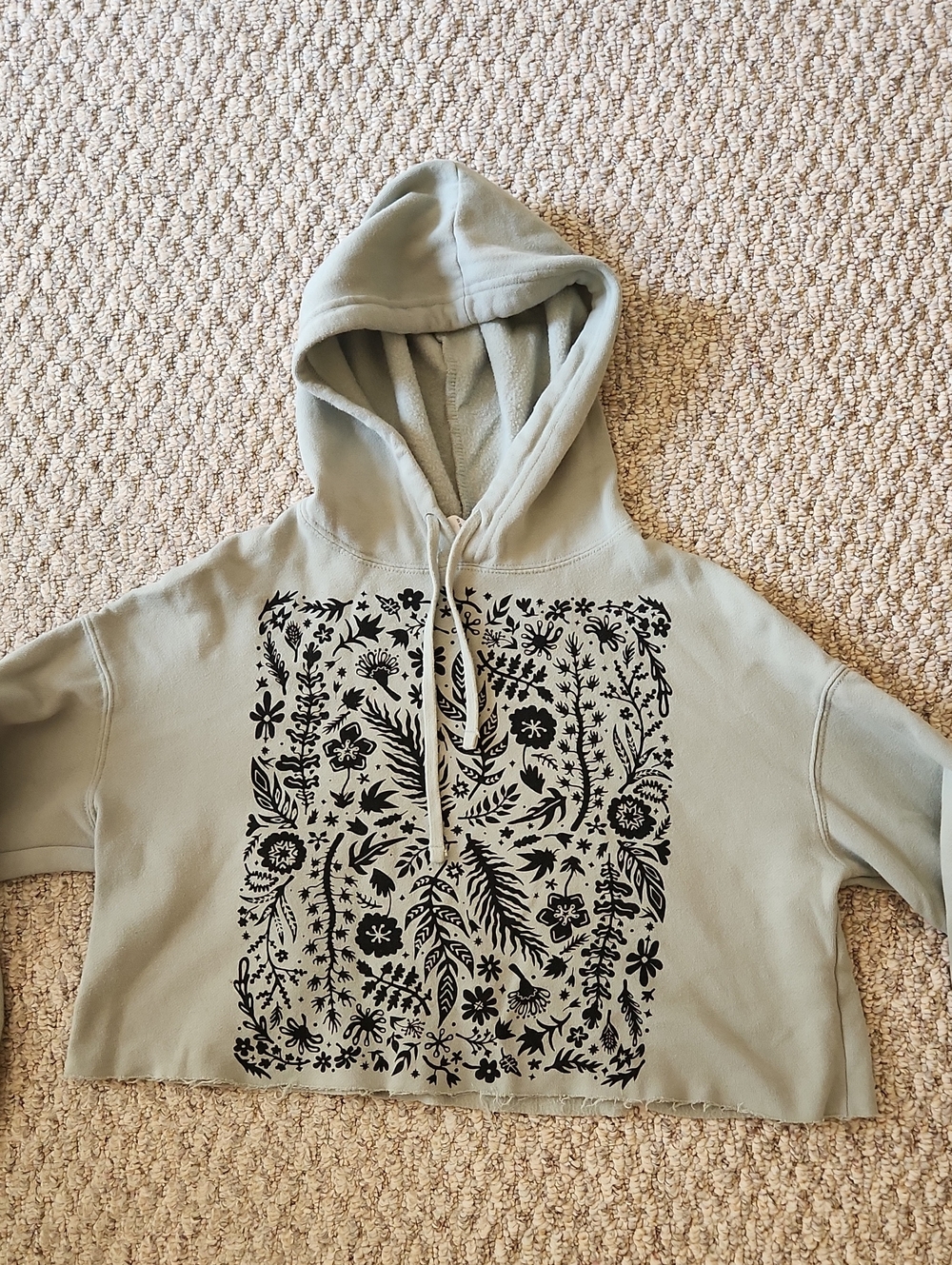 Women's Sage Green Cropped Hoodie with Black Floral Print